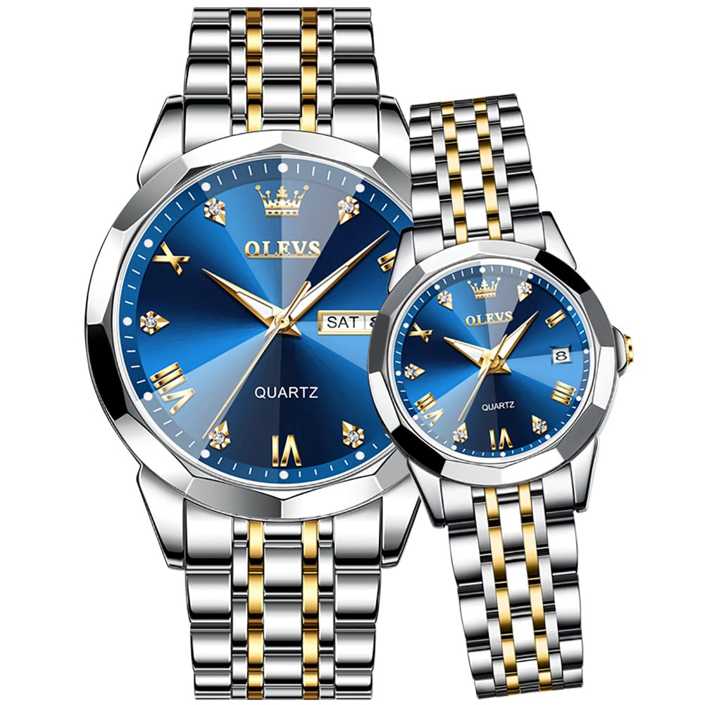 OLEVS His and Her Couple Watches Set - Analog Quartz Business Watches for Men & Women - Stainless Steel Waterproof Luminous Date Wristwatch - Perfect for Anniversary Gifts, Date Nights & Formal Occasions