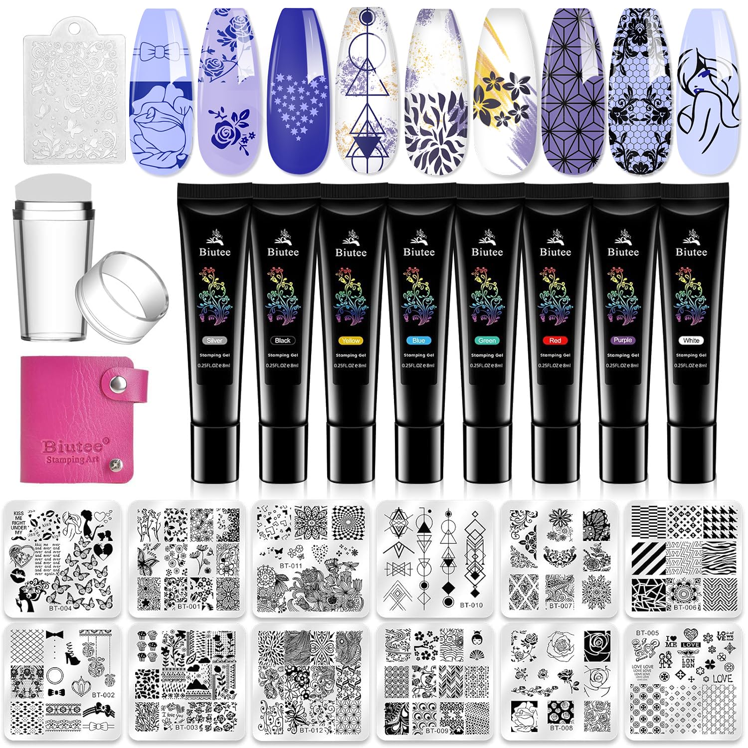 Biutee Professional Nail Art Stamping Kit - 10pc Nail Stamping Plates, Silicone Stamper & Scraper Set with Floral Lace Designs for Gel Polish Manicures | Perfect for Holiday Nails, DIY Home Salon & Gift Giving (Includes Storage Bag)