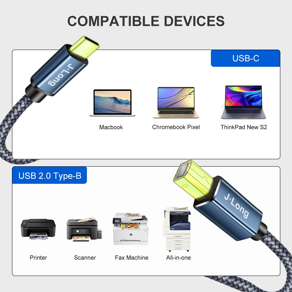 USB C to USB B Printer Cable - High Speed Braided 3M for Brother/HP/Dell Printers & Android Phones