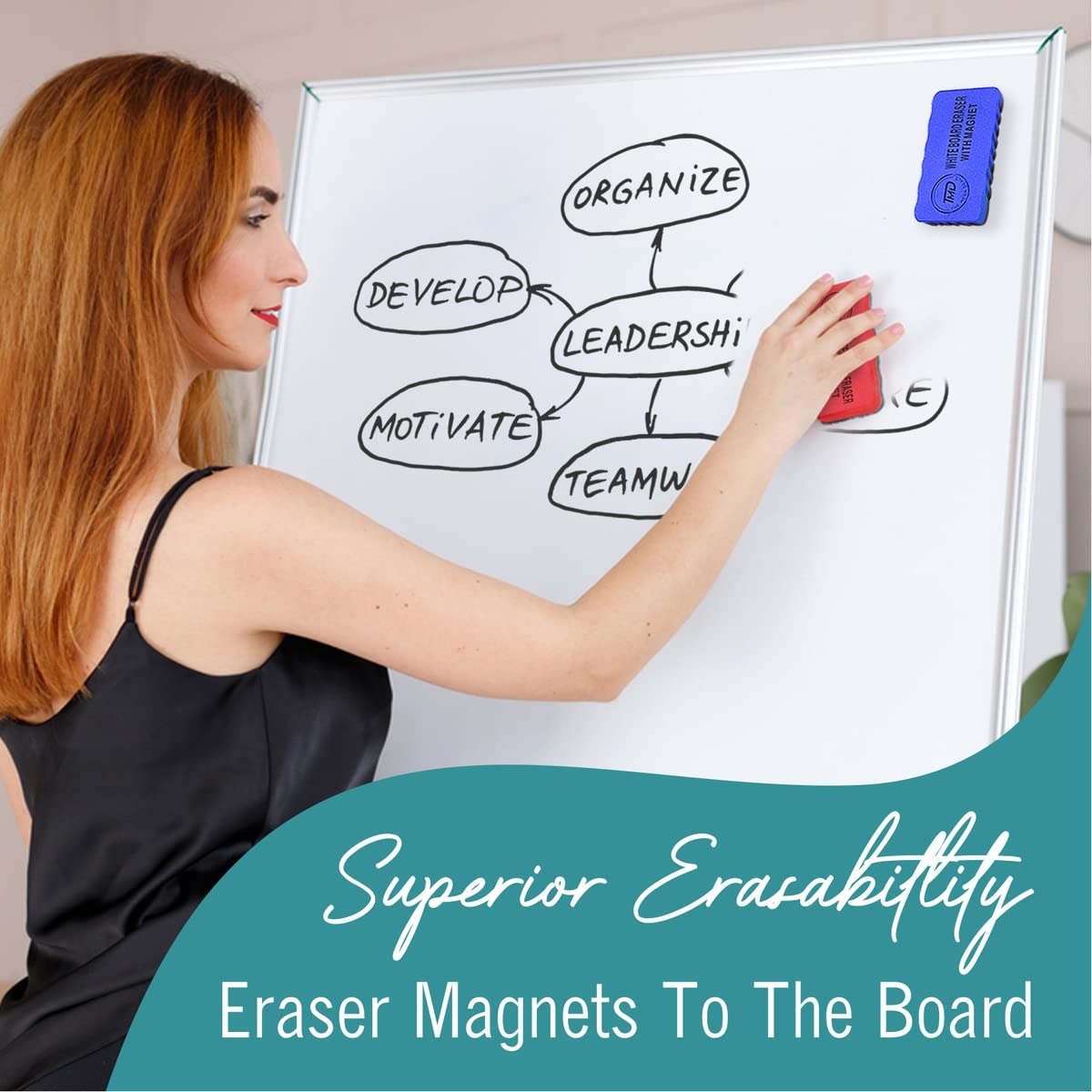 Premium Dry Erase Markers 12-Pack with 2 Magnetic Whiteboard Erasers - Fine Tip Black Whiteboard Markers for Office, Classroom & Home Use - Ideal for Presentations, Teaching & Family Organization