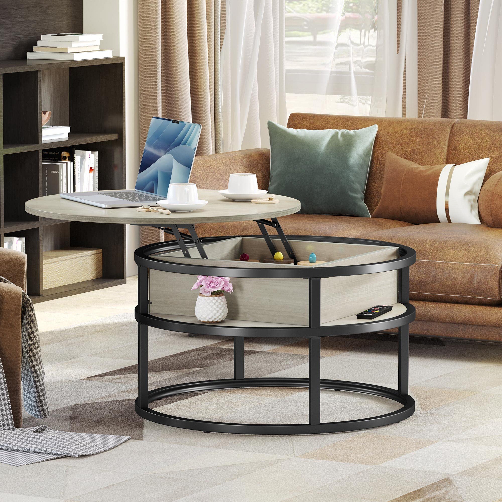 YITAHOME Round Lift Top Coffee Table with Hidden Storage - Modern Living Room Center Table in White Oak for Home Office & Small Spaces | Perfect for Entertaining, Storage & Workspace