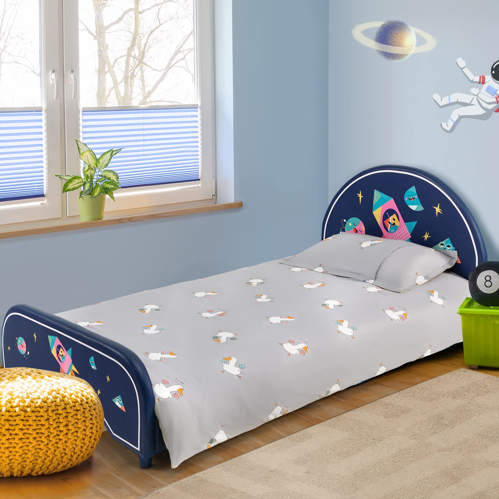 Kids Upholstered Platform Floor Bed with Headboard & Wooden Slats - No Box Spring Needed | Toddler Twin Size Bed Frame for Boys & Girls | Space Rocket Design | Perfect for Small Bedrooms, Montessori Rooms & Play Areas