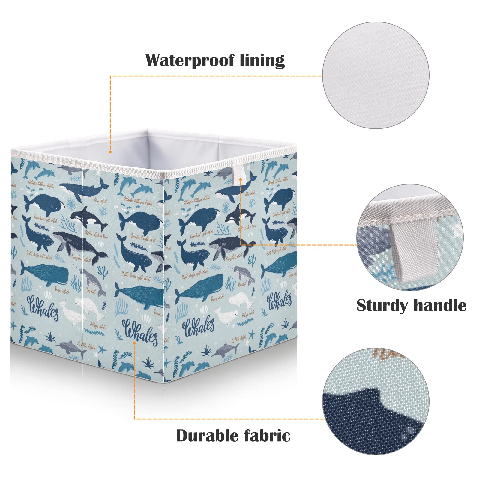 Collapsible Storage Basket Bin - Foldable Rectangular Organizer for Toys, Clothes & Nursery | Light Blue with Whale & Seaweed Design | Easy Assembly for Home, Office & Kids Room Organization