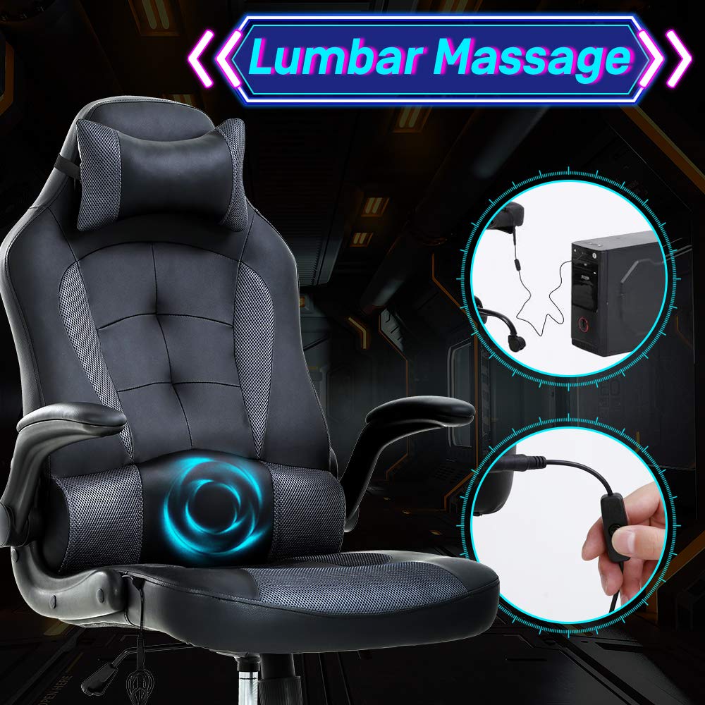 Ergonomic Gaming Chair with Lumbar Support & Headrest - Adjustable PU Leather Office Computer Chair for Video Games, Work & Home Use - Perfect for Gamers, Remote Workers & Home Office (Grey)