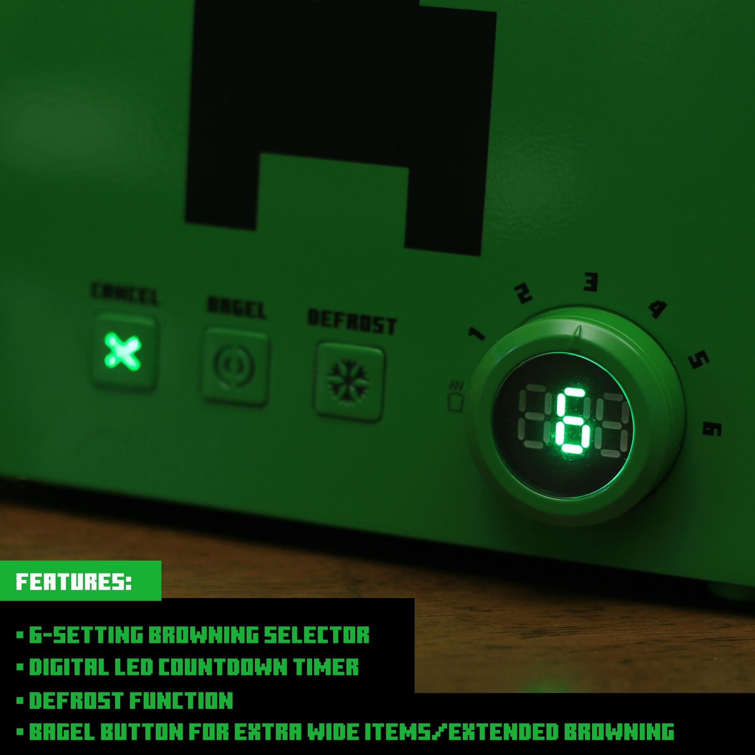 Minecraft Green Creeper 2-Slice Toaster for Bagels, Waffles & Bread - 6 Browning Settings with Defrost Function - Prints Creeper Face Design - Perfect for Gamers, Kids & Minecraft Fans Breakfast