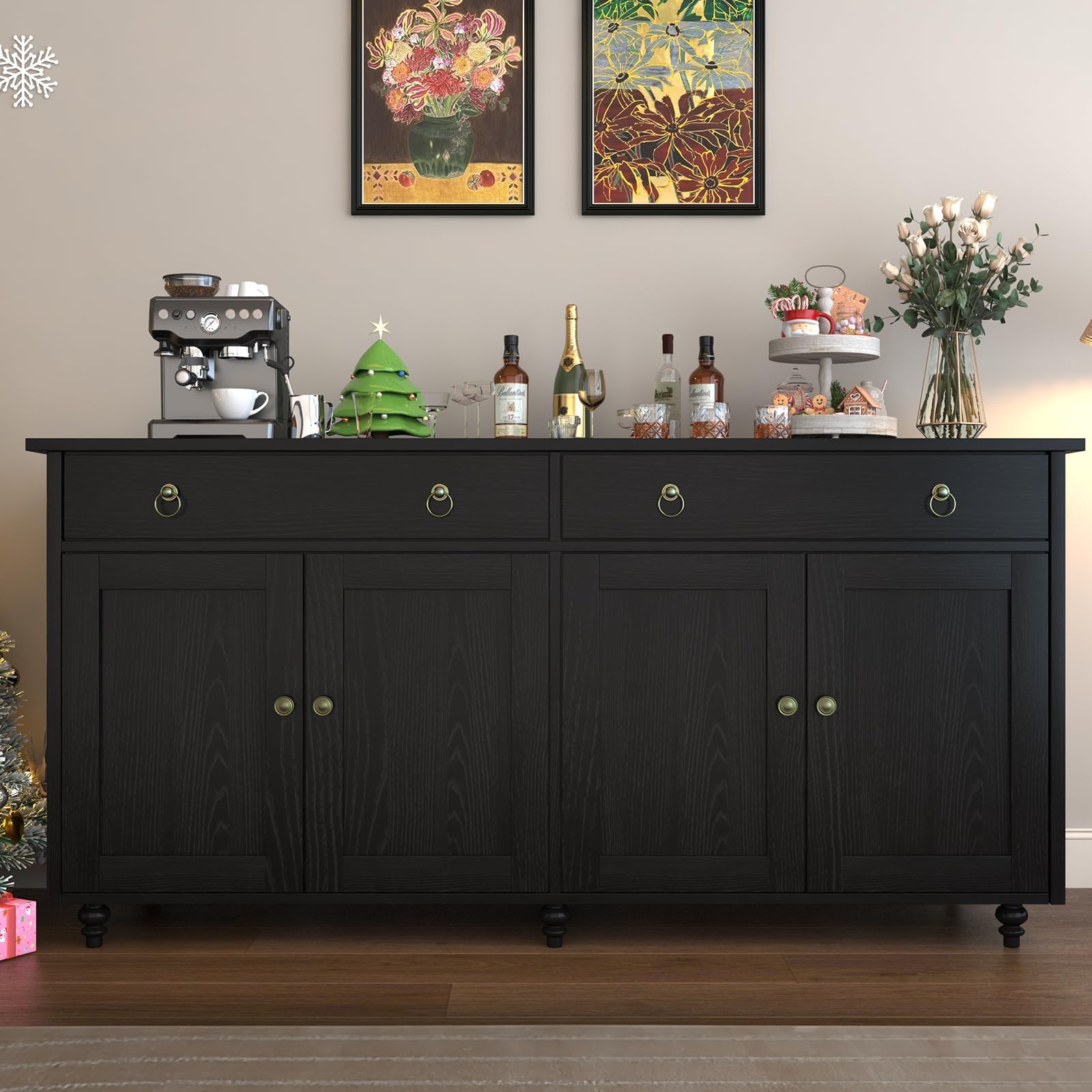 4 EVER WINNER 55'' Black Buffet Cabinet with Storage - Coffee Bar Sideboard with Drawers, Doors & Adjustable Shelves for Living Room | Perfect for Dining Room Storage, Home Bar Setup & Entertainment Center