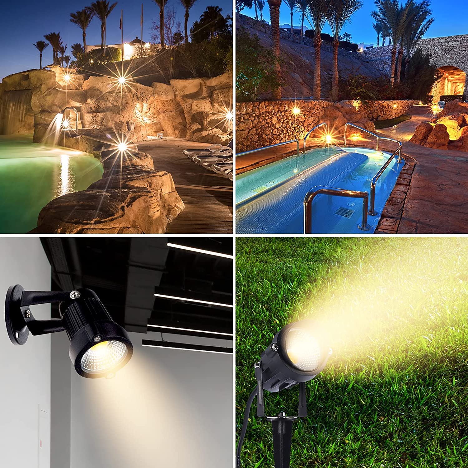6 Pack LED Outdoor Landscape Spotlights - 120V AC Waterproof Garden Lights with Spiked Stake for Yard, Patio, Lawn, Wall & Driveway - Warm White Flood Lighting (US 3-Plug) - Perfect for Flag Lighting, Pathway Illumination & Security Lighting