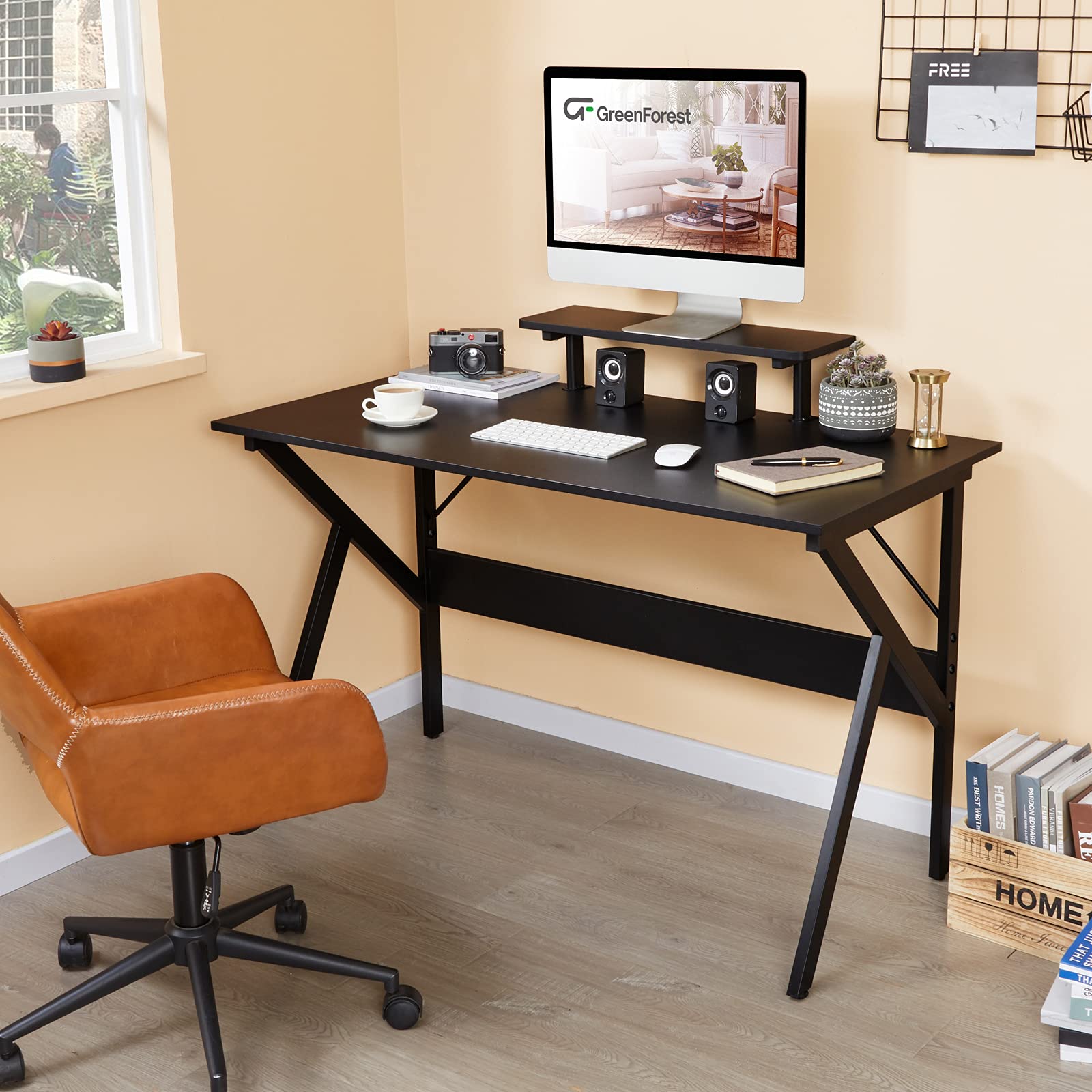 GreenForest 47-inch Home Office Desk with Monitor Shelf - Ergonomic Computer Gaming Desk, Study Writing Table for Workstation (Black) - Perfect for Small Spaces & Remote Work Setup