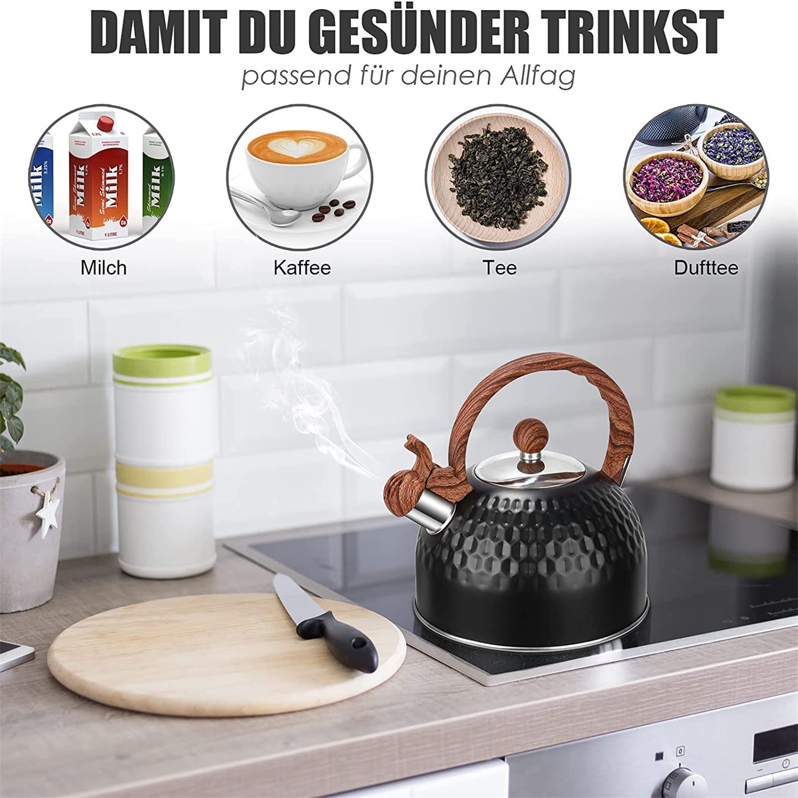 2.5L Retro Camping Kettle - Black Induction & Stovetop Tea Kettle with Whistle - Perfect for Gas Stove, Ceramic Oven & Induction Hob - Ideal for Outdoor Adventures, Home Kitchen & Tea Brewing