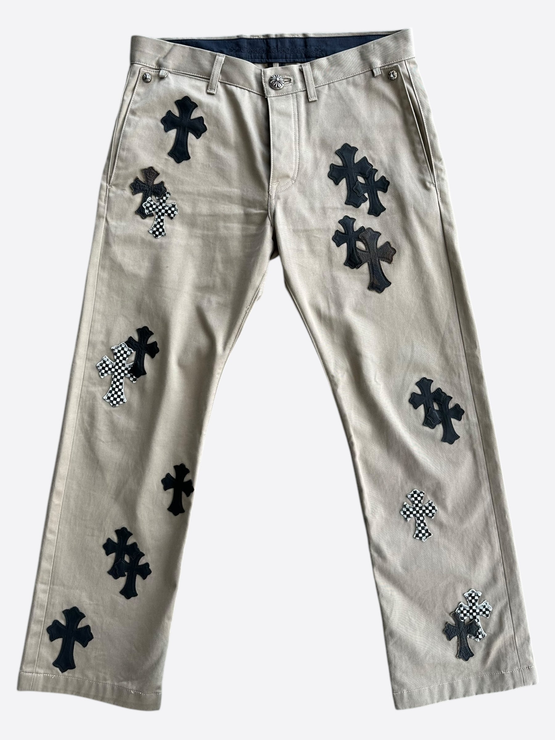 Chrome Hearts Tan Black Checkered Cross Patch Chinos for Men - Stylish Casual Pants for Streetwear & Everyday Fashion