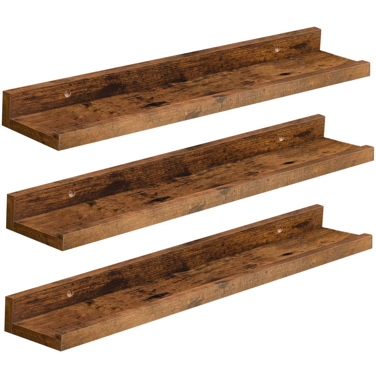 HOOBRO 3-Pack Floating Wall Shelves, 23.6 Inch Rustic Brown Wooden Shelves with Raised Edge & Hidden Brackets - Perfect for Bathroom Storage, Bedroom Decor, Kitchen Organization, Office Supplies & Living Room Display BF61BJ01