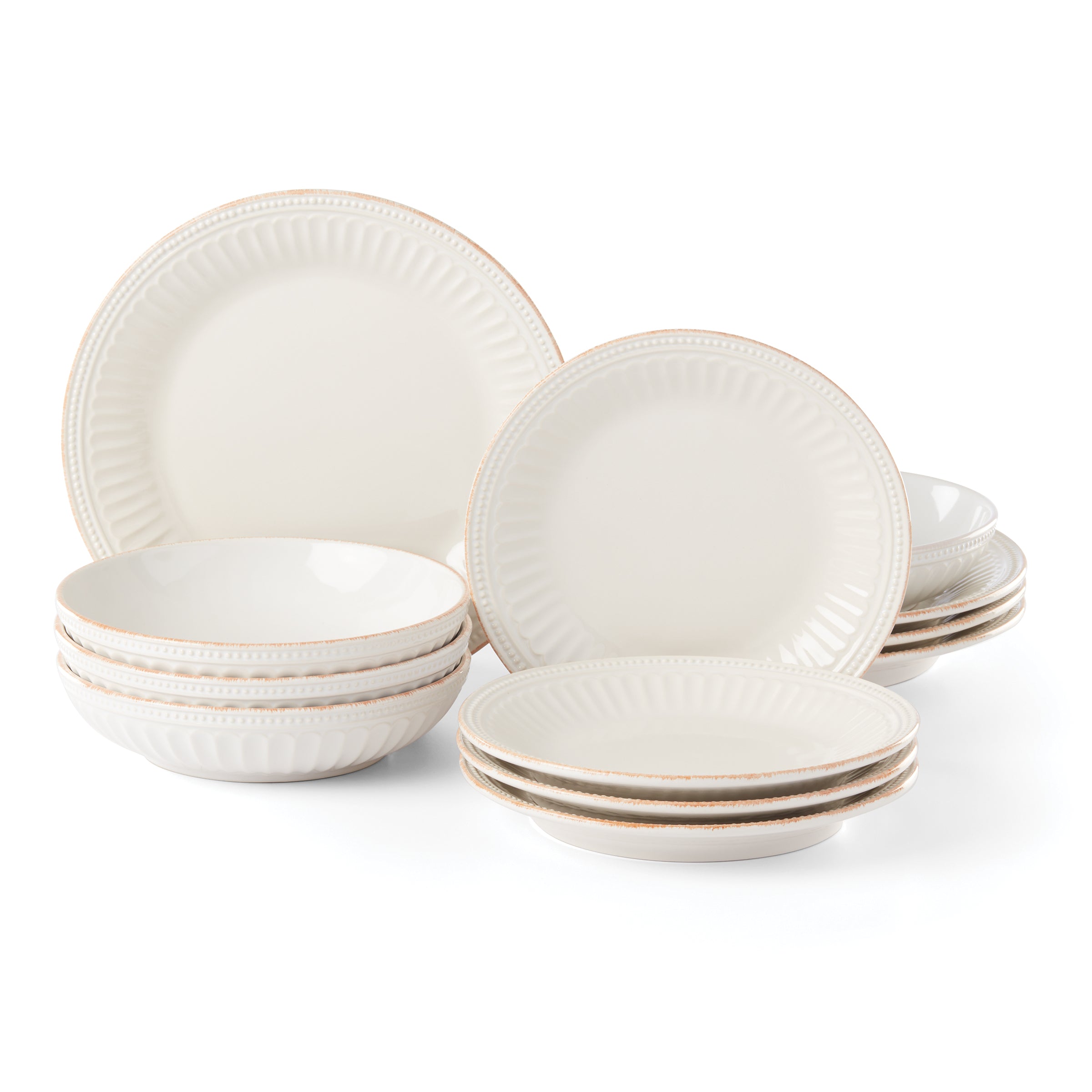 French Perle Groove White 12-Piece Porcelain Dinnerware Set - Elegant Tableware for Fine Dining, Entertaining & Everyday Use