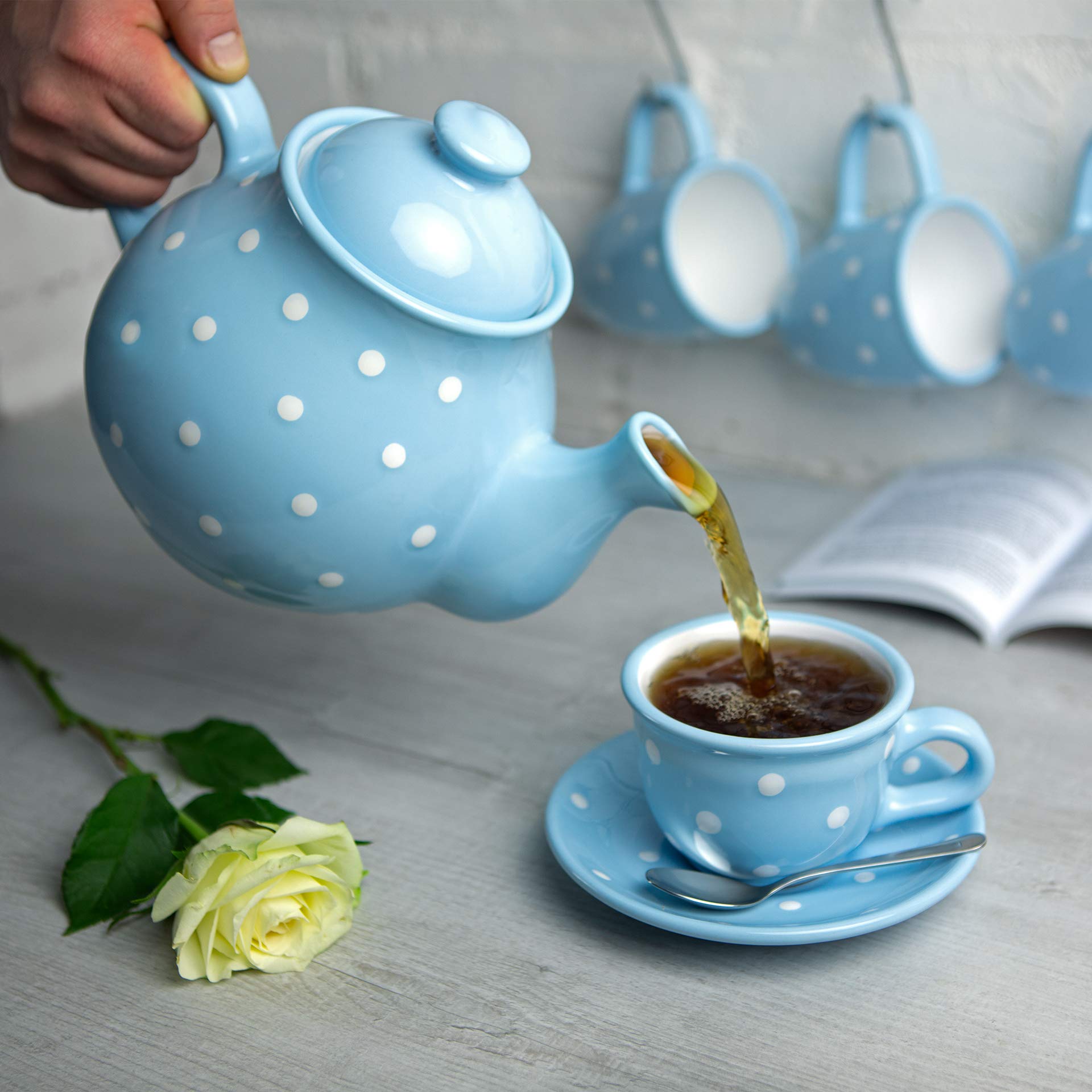 Handmade Baby Blue and White Polka Dot Ceramic Teapot Set - 1.7L (60oz) Large Capacity with 4 Cups & Saucers, Milk Jug & Sugar Bowl - Perfect for Afternoon Tea, Housewarming Gifts & Tea Lovers - City to Cottage®