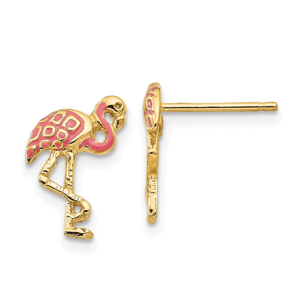 14K Yellow Gold Pink Enamel Flamingo Stud Earrings - Dainty Floral Animal Jewelry for Women, Perfect for Summer Outfits & Beach Vacations