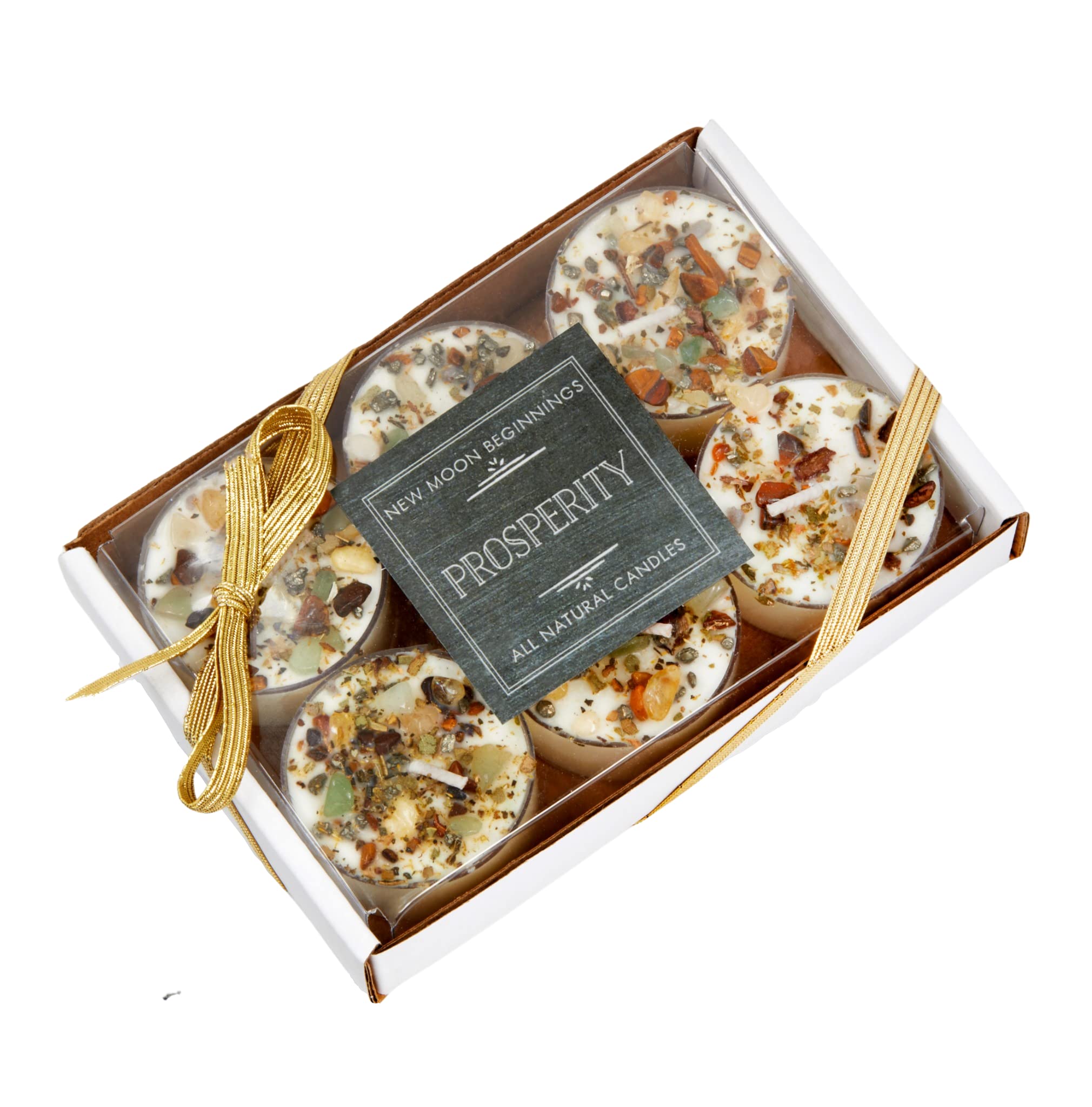 Prosperity Candle Set of 6 - Soy Wax Tealights for Good Luck, Success & Abundance - Bayberry Patchouli Cypress Scented Candles - Crystal-Infused for Positive Energy - Ideal for Meditation, Relaxation, Home Decor, Office & Gift Giving