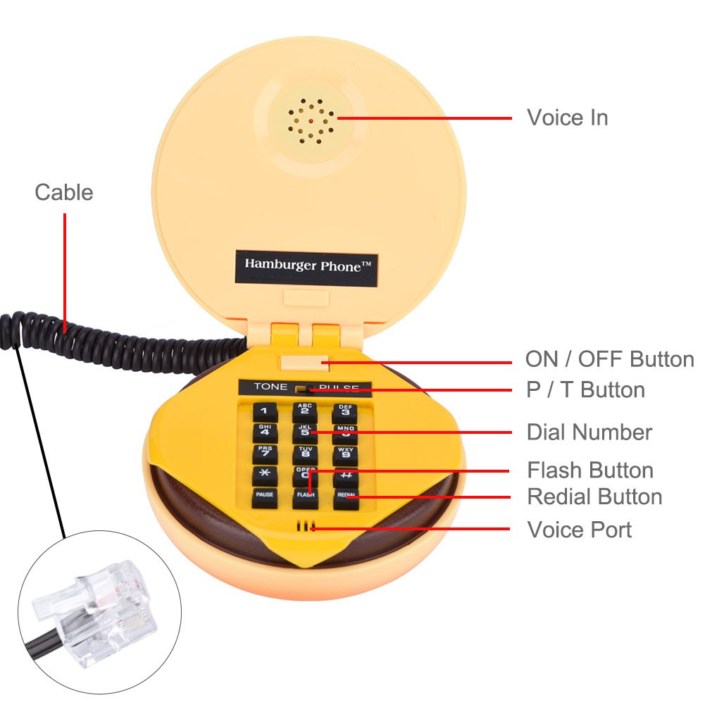 Retro Hamburger Phone - Wired Landline Telephone for Home, Office & Restaurant | Novelty Burger-Shaped House Phone with Fun Design | Perfect Gift for Kids & Burger Lovers | Great for Kitchen Decor, Diner Themed Rooms & 80s Nostalgia Collections