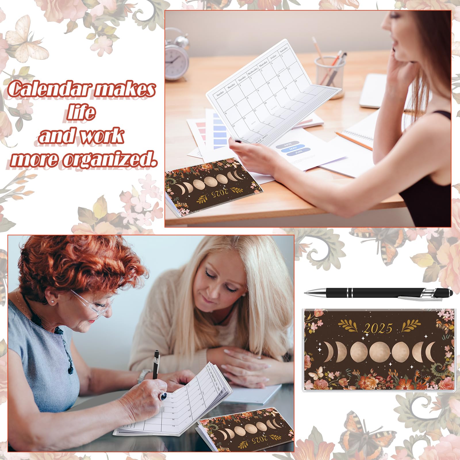 Gueevin 2025 Small Pocket Planner - Weekly & Monthly Calendar with Pen, Compact Purse Organizer, Writing Notebook Journal - Perfect Gift for Women, Sister, Friend (Black Moon Design) | Ideal for Daily Scheduling, Travel Planning & Holiday Gifts