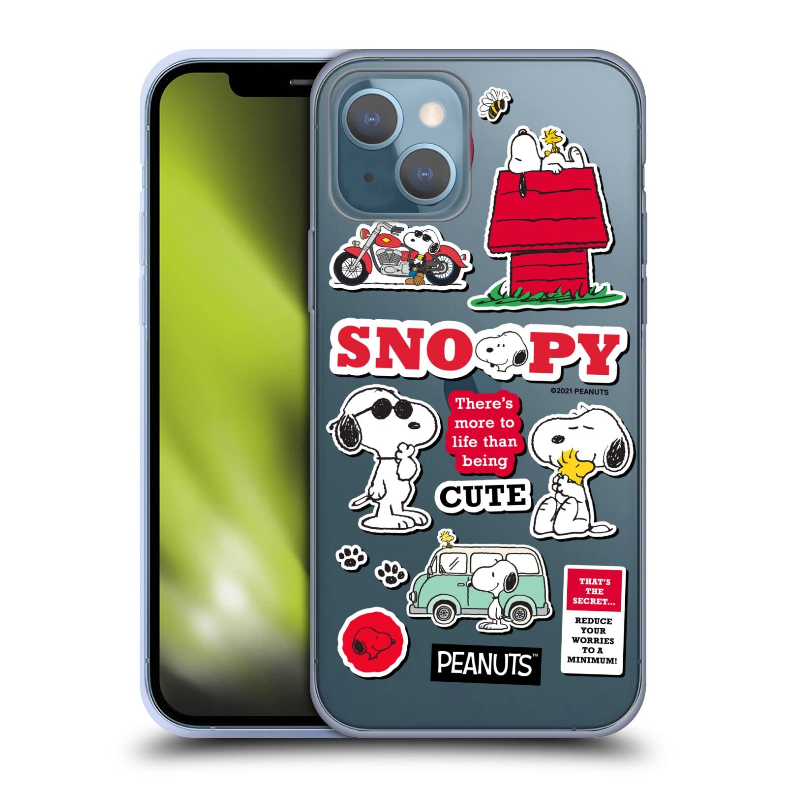 Officially Licensed Peanuts Snoopy Sticker Print Soft Gel Case for Apple iPhone 13 - Trendy Protective Cover for School, Work & Everyday Use