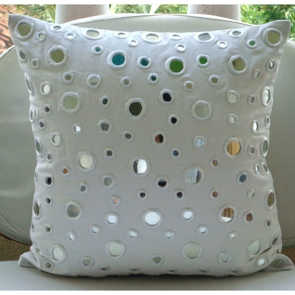 White Polka Dot Pillow Cover 14x14 Inch - Cotton Canvas Square Cushion Case for Sofa, Couch & Bed - Modern Mirror Dot Design Home Decor