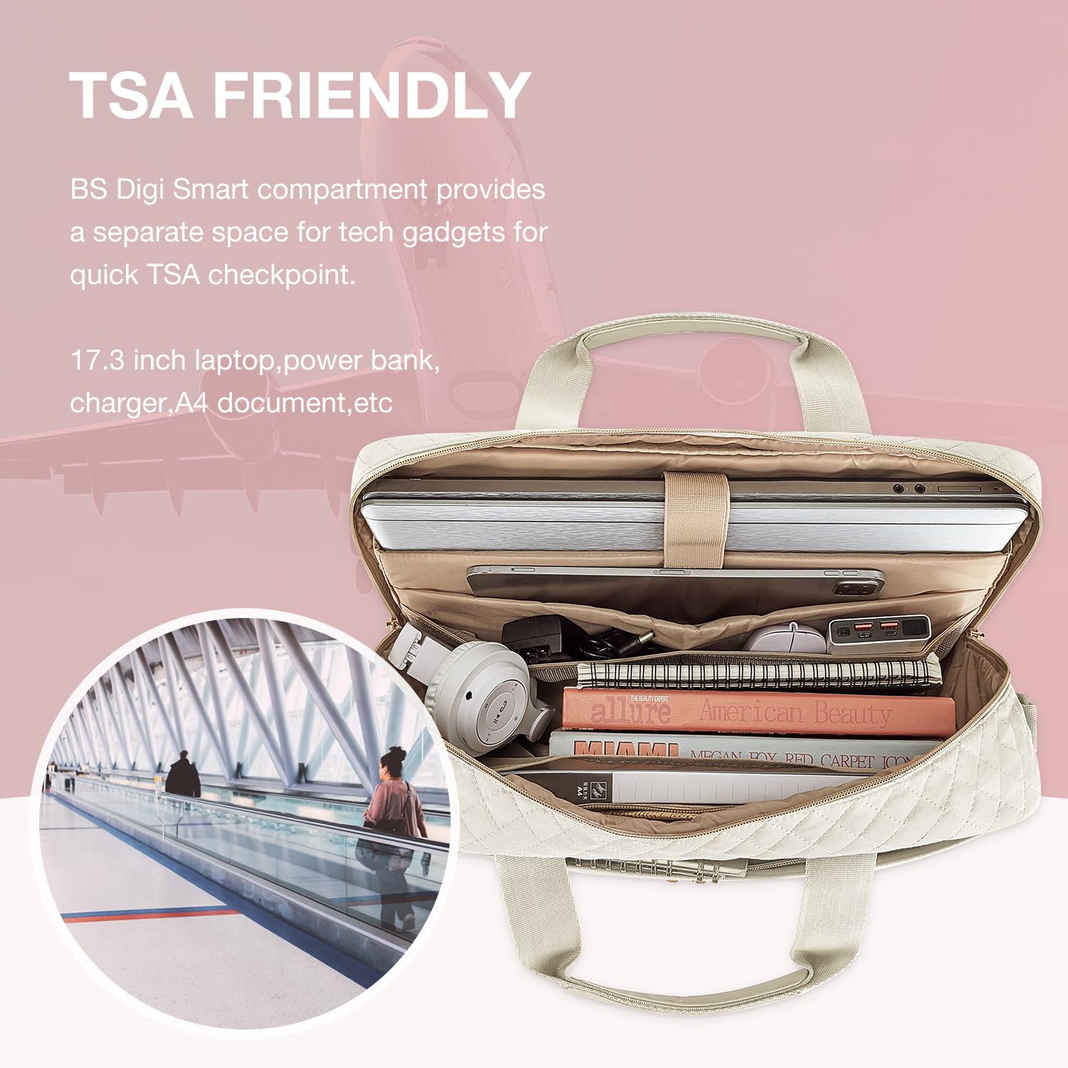 BAGSMART 17.3/15.6 Inch Laptop Bag for Women - Stylish Business Briefcase & Messenger Bag for Office, Travel, Work - Light Beige | Perfect for Commuting, Business Trips & Professional Work Settings