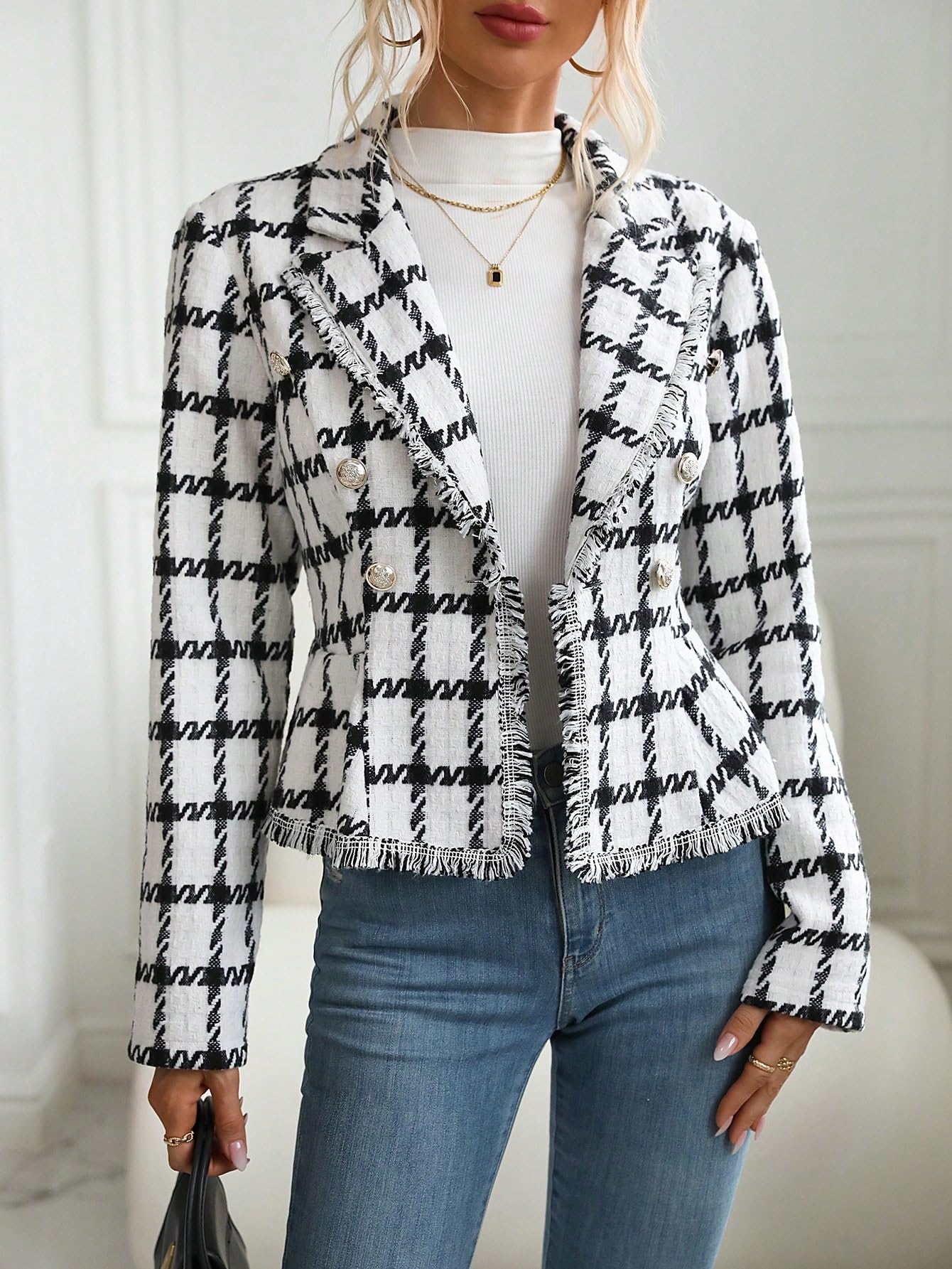 Women's Plaid Pattern Tweed Blazer - Dressy Casual Raw Trim Jacket for Office, Work, and Business Meetings | Stylish & Comfortable Outerwear for Professional Women