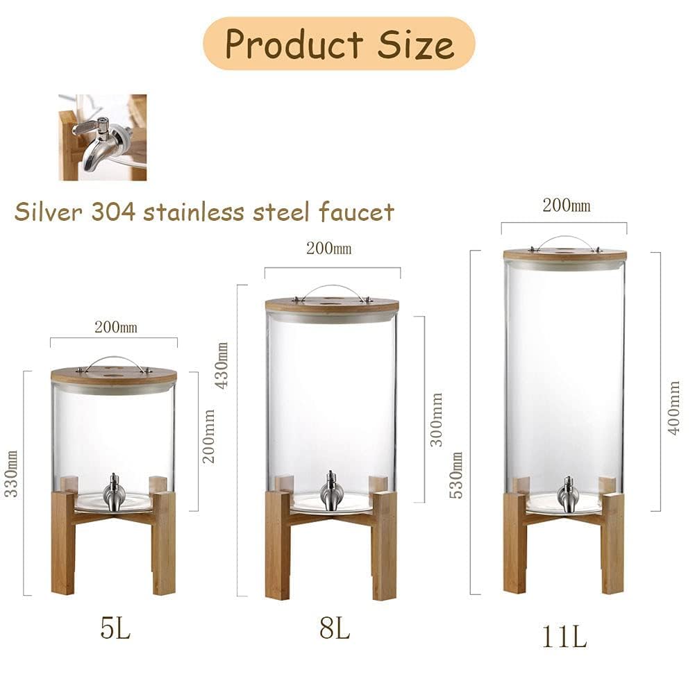 Stainless Steel Spout Glass Beverage Dispenser 5L/8L/10L - Leak-Proof Drink Dispenser with Wooden Stand, Wide Mouth for Easy Filling - Perfect for Parties, BBQs, and Outdoor Events