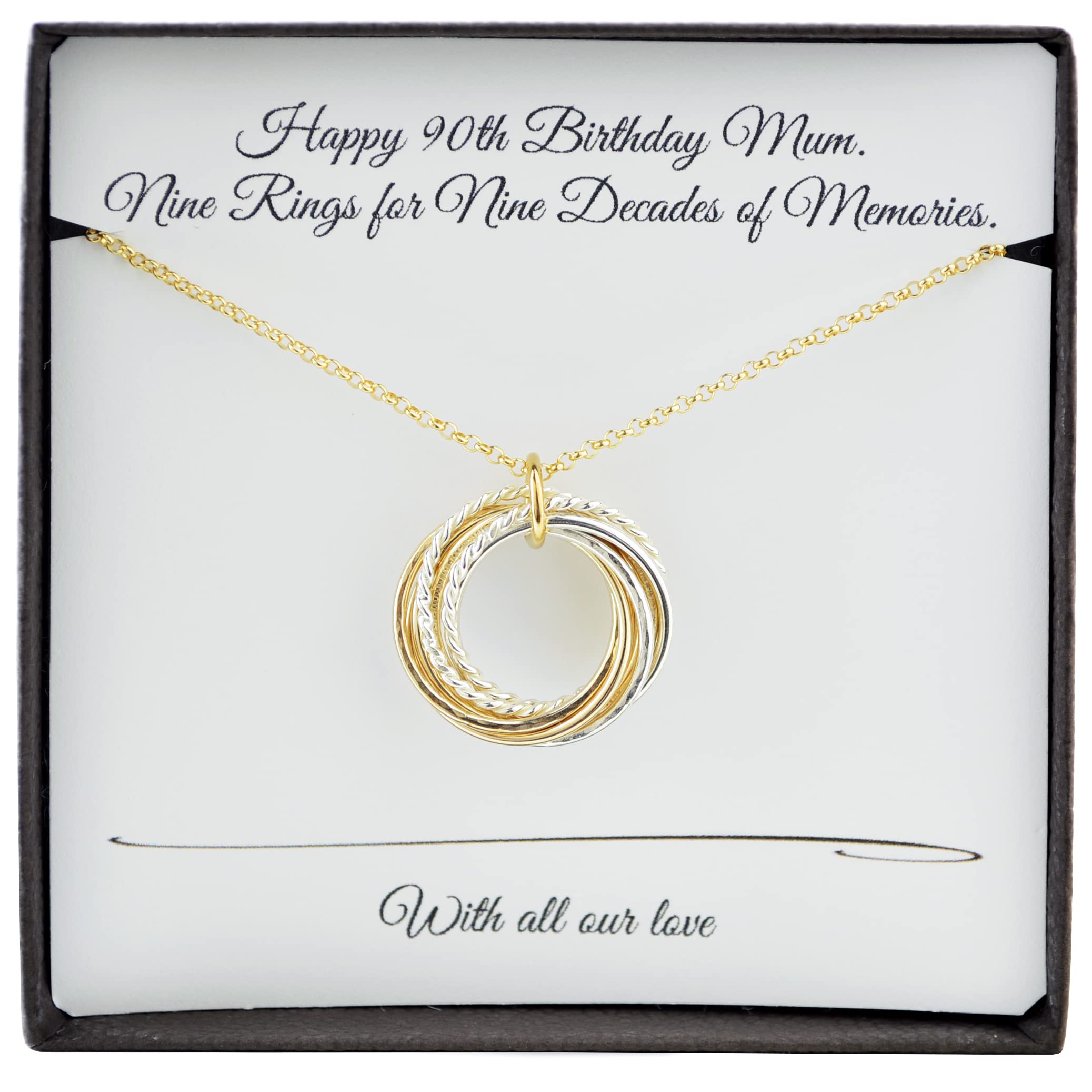 90th Birthday Gift for Mom & Grandma - 9 Interlocking Rings Mixed Metals Necklace - 9th Anniversary Jewelry - Elegant Women's Birthday Present for Special Occasions & Celebrations