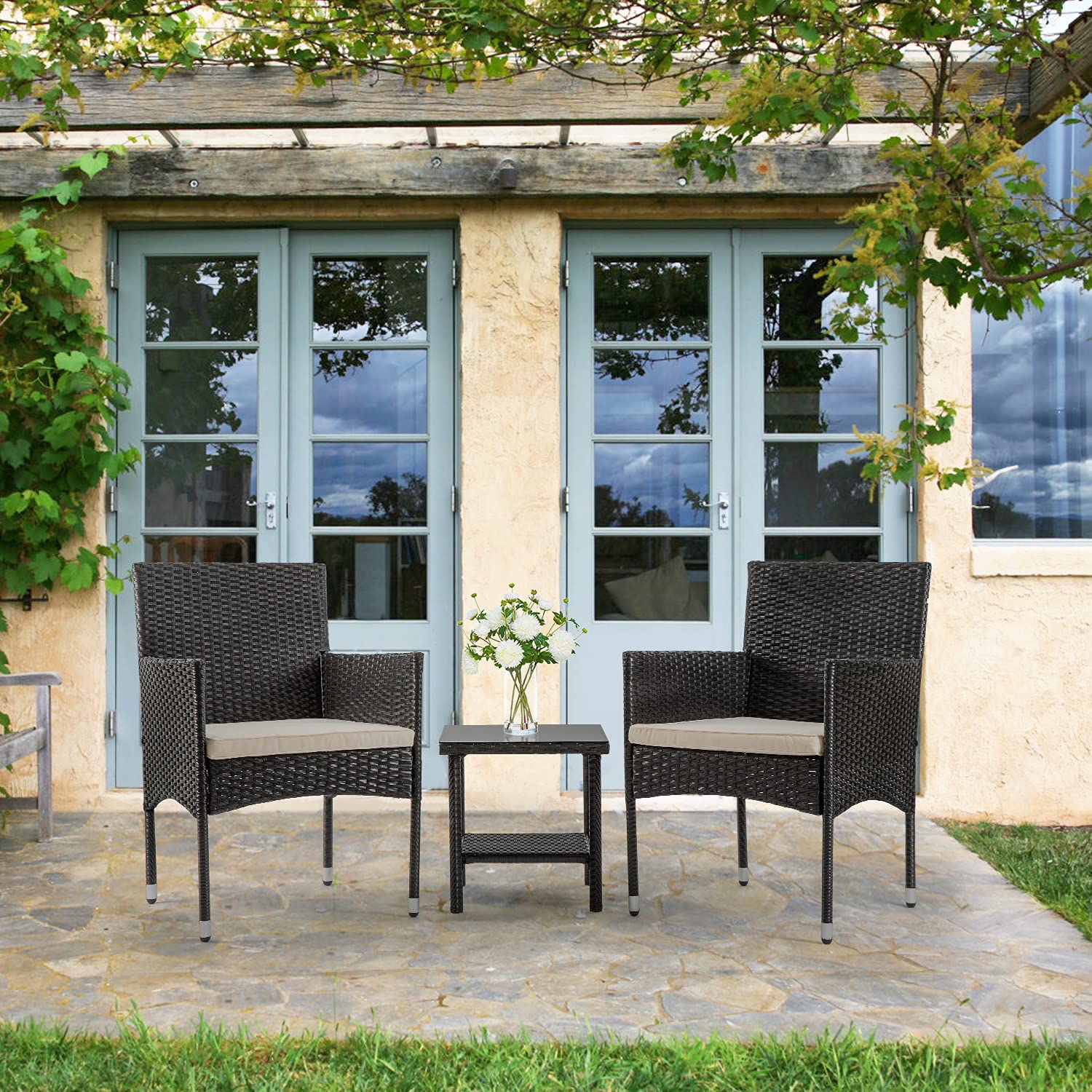3-Piece Outdoor Patio Furniture Set - Black Wicker Bistro Table & Rattan Chairs Conversation Set for Garden, Porch, Yard - Perfect for Coffee Breaks & Relaxing Outdoors