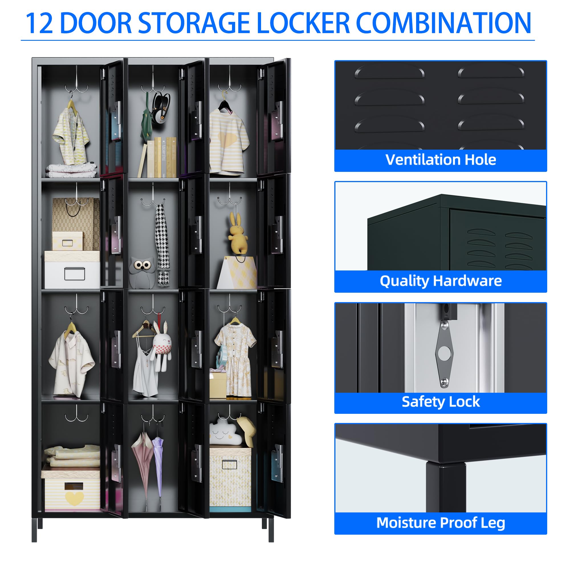 METAN 12-Door Black Steel Storage Locker Cabinet - Heavy Duty Metal Locker for School, Office, Gym & Bedroom - Industrial Employee Storage Locker with Easy Assembly - Perfect for Organization in Workplaces, Schools & Fitness Centers