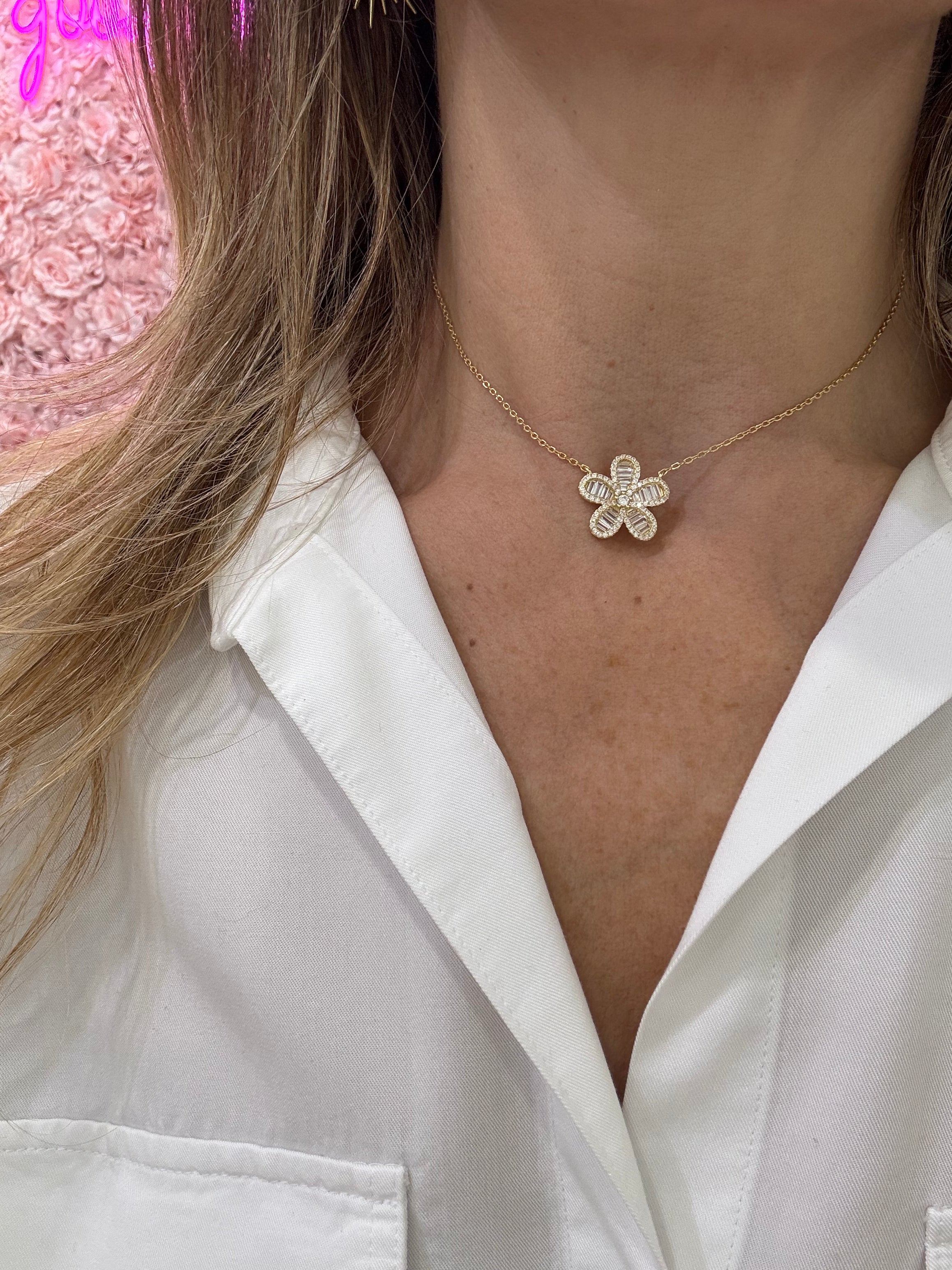 Elegant Baguette Flower Necklace for Women - Dainty Floral Pendant Jewelry Gift for Her - Perfect for Weddings, Date Nights & Special Occasions