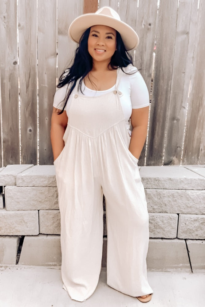 Women's Beige Linen Overalls - Comfortable Jumpsuit with Pockets for Gardening, Casual Outings & Summer Fashion