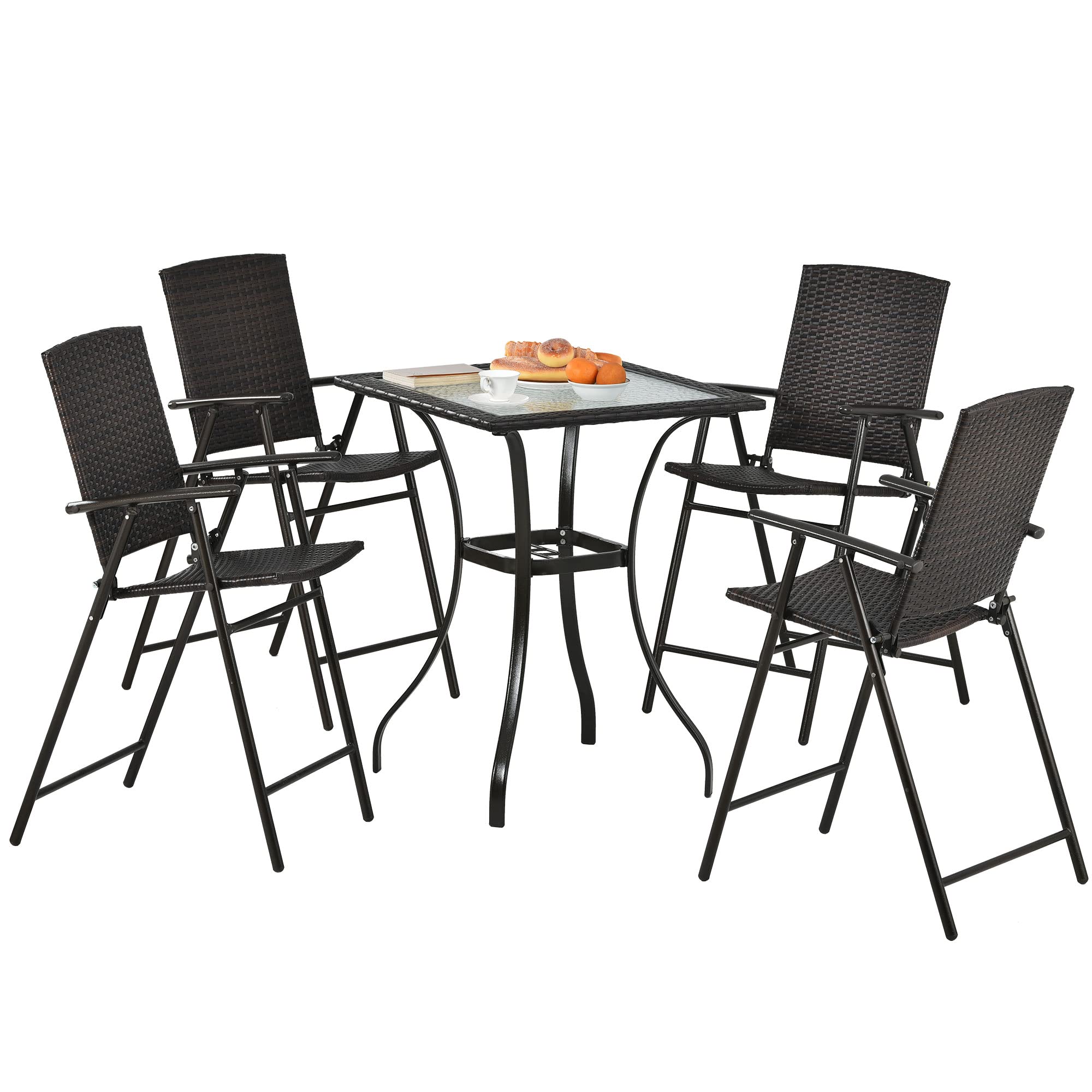 ETOTO 5-Piece Outdoor Patio Dining Set - PE Wicker Counter Height Table with Umbrella Hole & 4 Foldable Chairs, Brown - Perfect for Backyard, Garden, Poolside and Balcony Relaxation