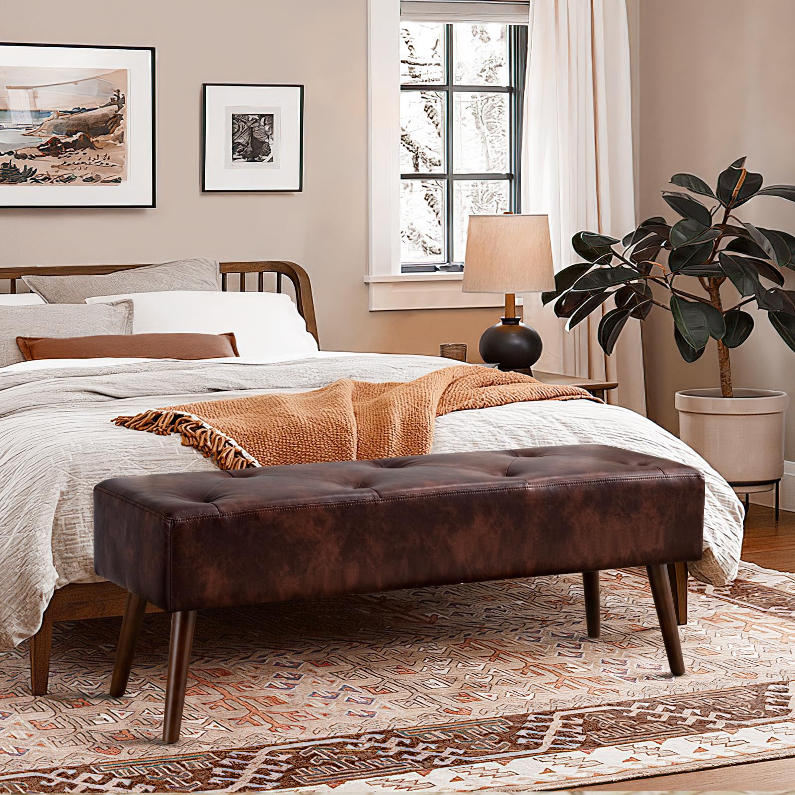 Furnimart Faux Leather Bench Ottoman with Tufted Buttons - Solid Wood Legs Footrest Stool for Bedroom, Living Room & Entryway - Multi-Functional Dining Bench & Seating (Dark Brown) - Perfect for Home Decor, Guest Seating & Relaxation