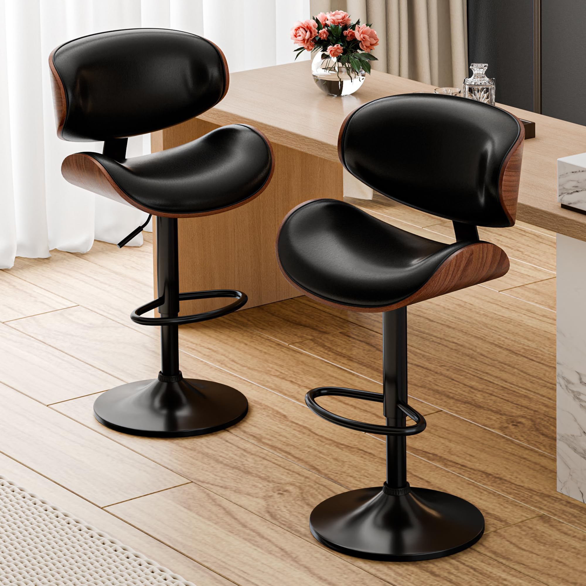 4-Piece Adjustable Swivel Bar Stools Set - Mid-Century Modern PU Leather Counter Height Bar Stools with Back for Kitchen Island, Dining Bar & Home Decor (Black)