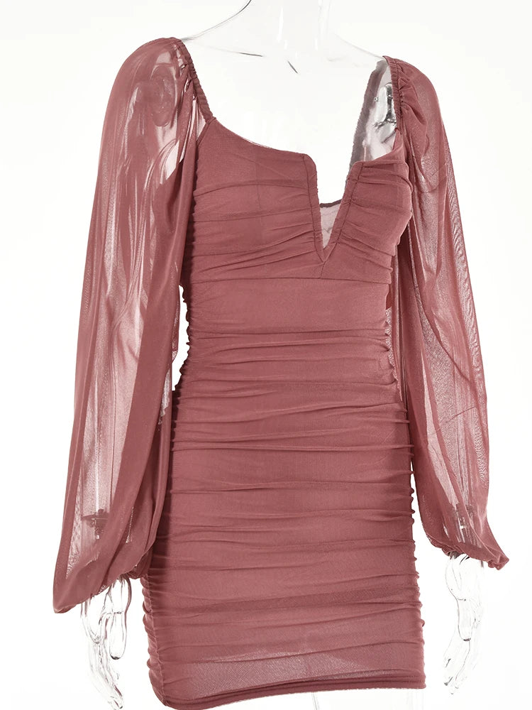 Elegant Backless Pleated Mini Dress for Women - Double Layer Mesh Casual Evening Dress - Perfect for New Year Parties, Date Nights & Special Occasions