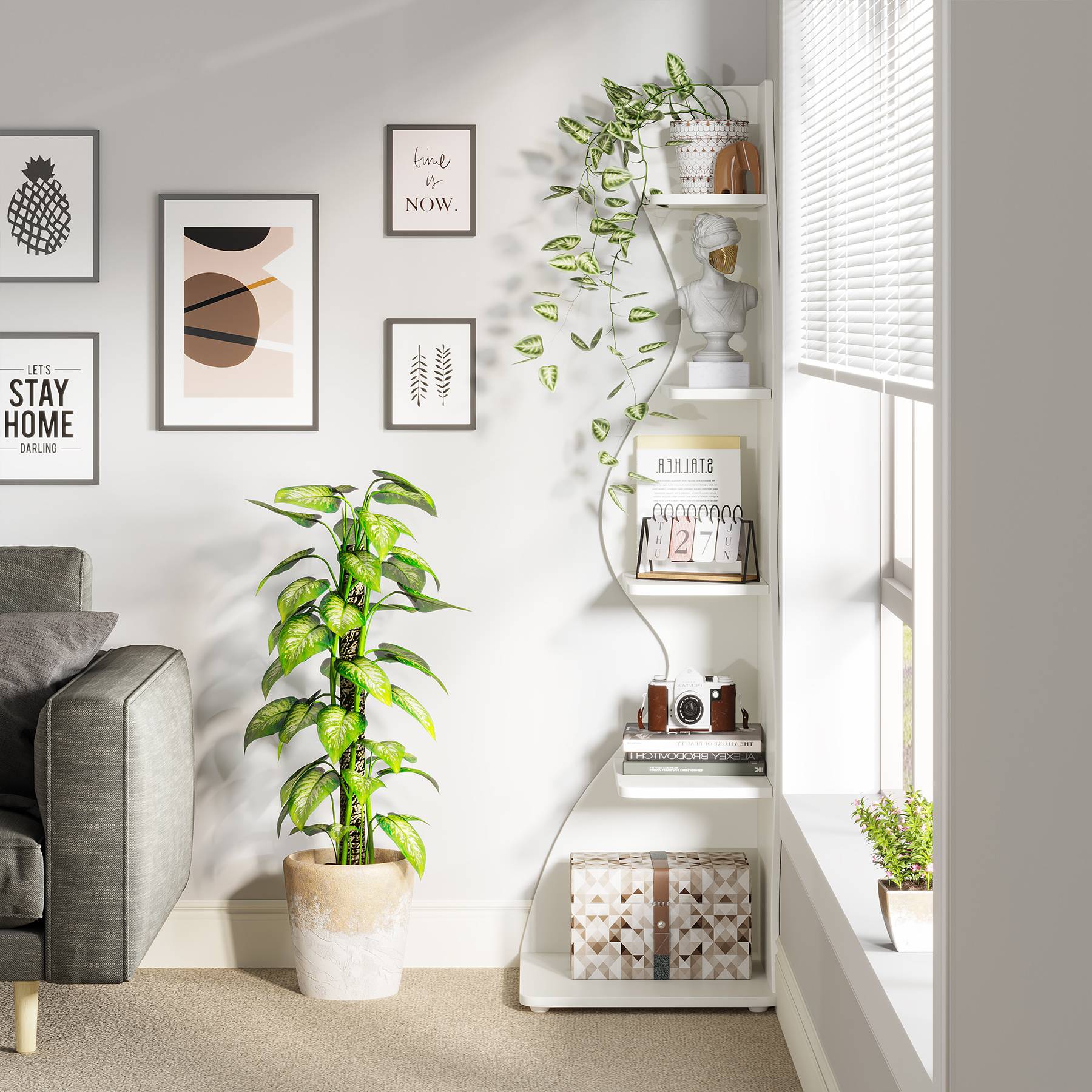5 Tier Corner Shelf - Modern Wall Mounted Corner Bookshelf for Living Room, Bedroom, Office | Space Saving Storage Solution for Books, Plants & Decor