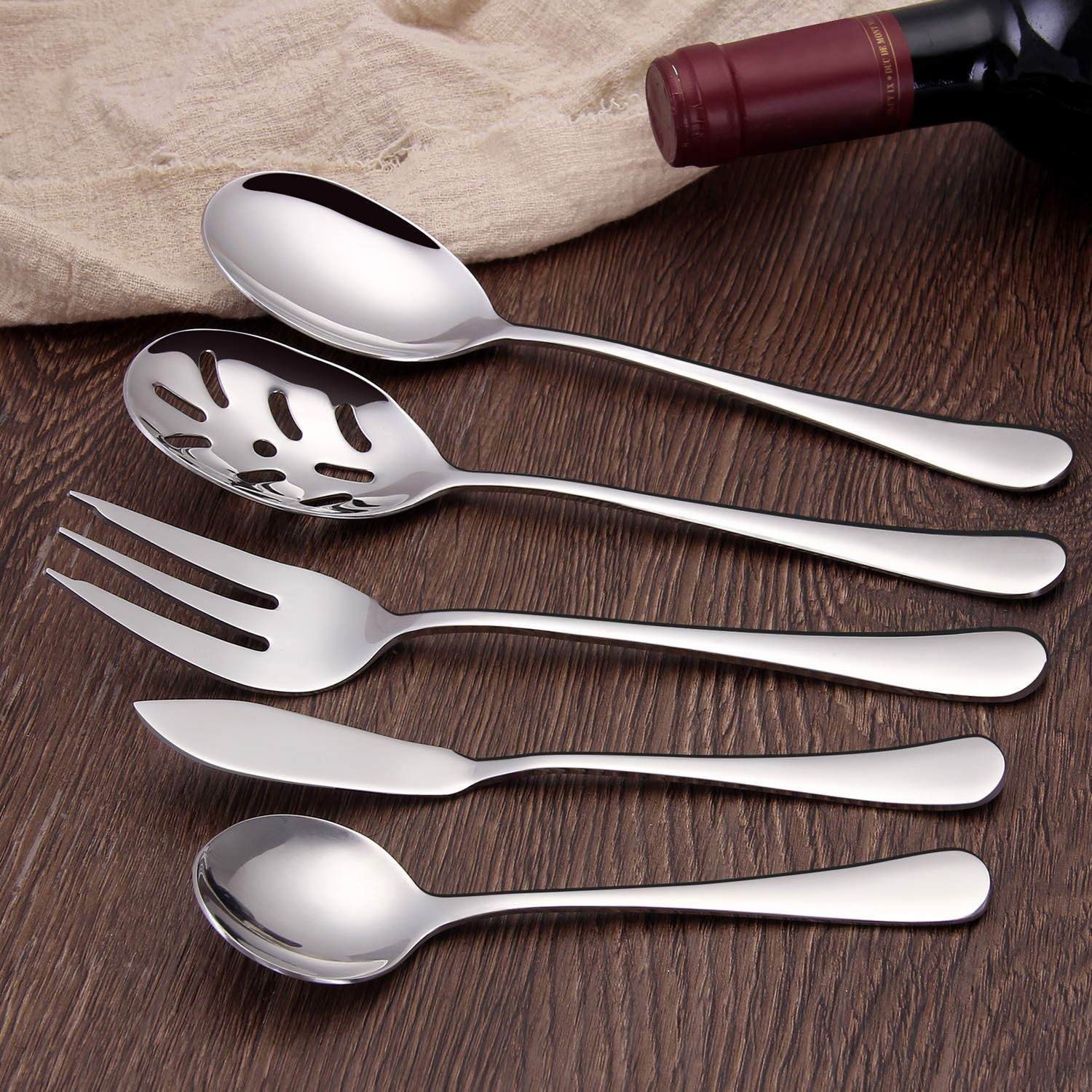SHARECOOK 5-Piece 18/0 Stainless Steel Serving Set - Mirror Polished Hostess Utensils with Round Edge (Spoon, Fork, Butter Knife & Slotted Spoon) | Dishwasher Safe & Rustproof | Perfect for Dinner Parties, Buffets & Formal Dining