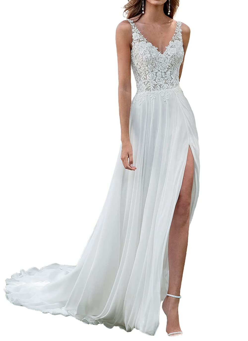 Elegant Beach Wedding Dresses with Lace Appliques & V-Neck Chiffon Gown – Perfect for Destination Weddings, Beach Ceremonies, and Romantic Photoshoots