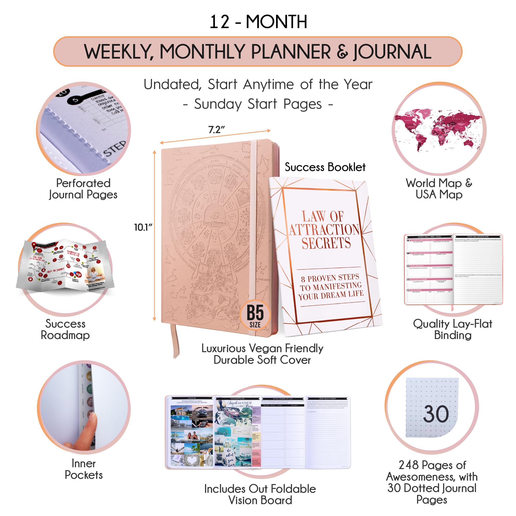 2025 Law of Attraction Planner - Hourly Weekly Monthly Goal Setting Journal with Foldable Vision Board | 12-Month Productivity Planner for Success, Gratitude & Manifestation | Perfect for Office, School & Personal Growth (Includes Gift Box & Stickers)
