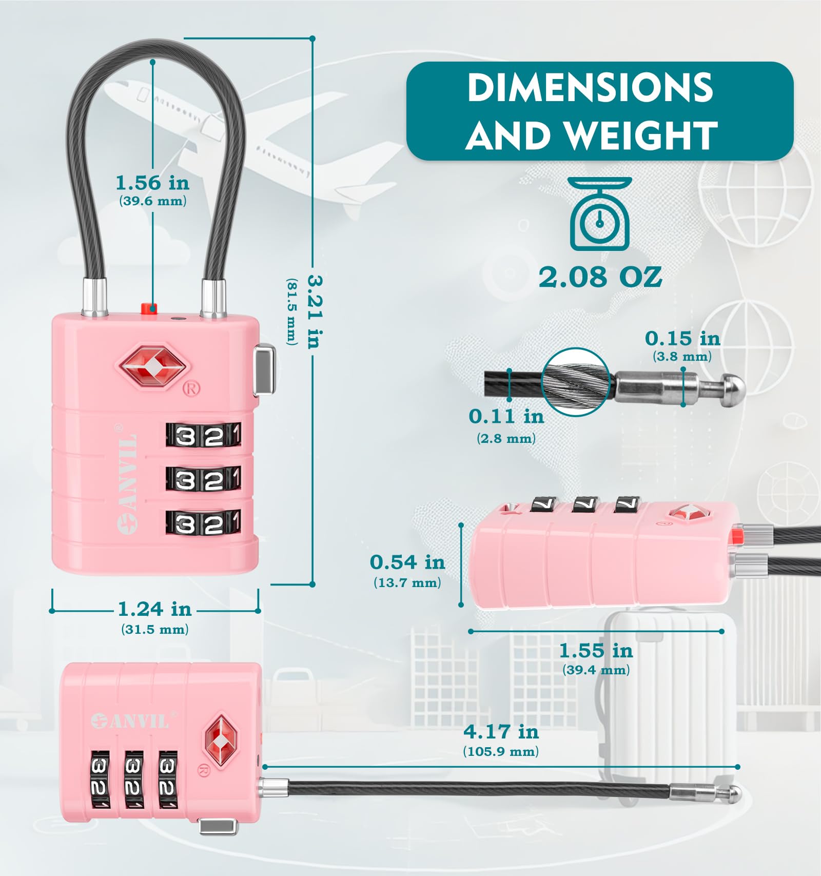 ANVIL TSA Approved Luggage Locks (2-Pack, Pink) - Secure TSA008 Core with Alert Indicator for Suitcases, Backpacks & Gym Bags | Travel Essentials & Daily Use Protection