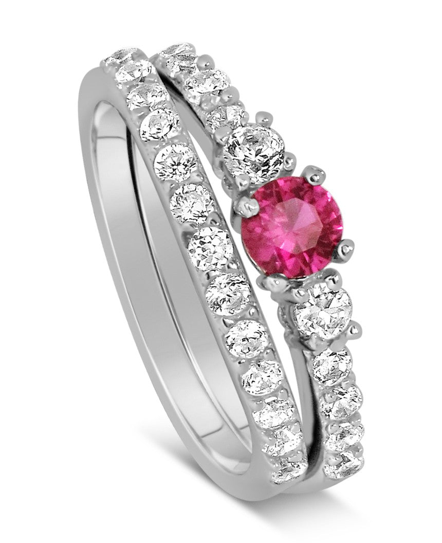 1 Carat Ruby & Moissanite Diamond Wedding Ring Set in 14K White Gold - Elegant Bridal Jewelry for Engagement, Anniversary & Special Occasions