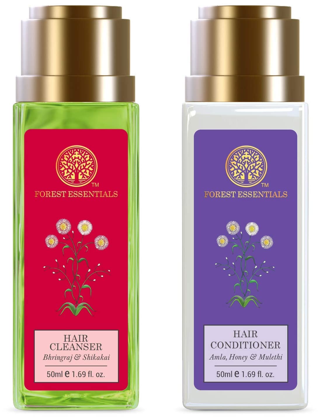 Forest Essentials Bhringraj & Shikakai Hair Cleanser 50ml & Amla Honey Mulethi Hair Conditioner 50ml - Ayurvedic Herbal Hair Care Set for Dry Damaged Hair - Perfect for Daily Nourishment & Scalp Treatment