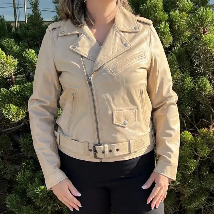 Women's Genuine Lamb Leather Biker Jacket with Adjustable Belt - Stylish Motorcycle Outerwear for Riding & Fashion