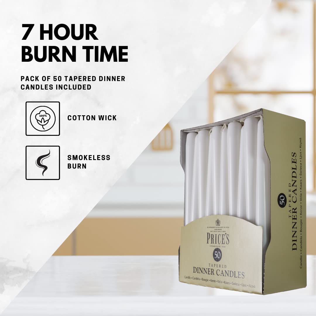 Price's Candles - 50 Pack Red Unscented Tapered Dinner Candles | Dripless Design | 7 Hour Burn Time | Perfect for Romantic Dinners, Weddings & Holiday Decorations