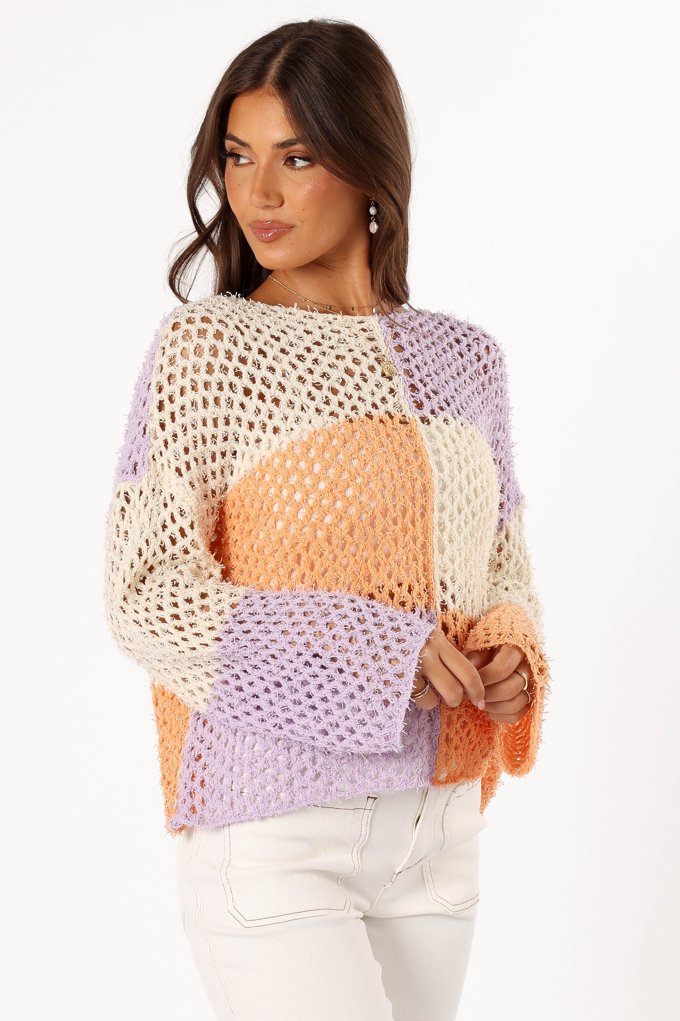 Dawn Color Block Knit Sweater Women's Fashion Pullover Cream Lavender - Cozy Casual Wear for Fall & Winter Outfits