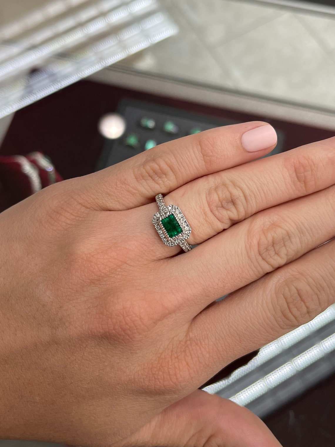 1.70tcw East To West Emerald & Diamond Halo Engagement Ring in 14K White Gold - Perfect for Proposals, Anniversaries & Bridal Jewelry