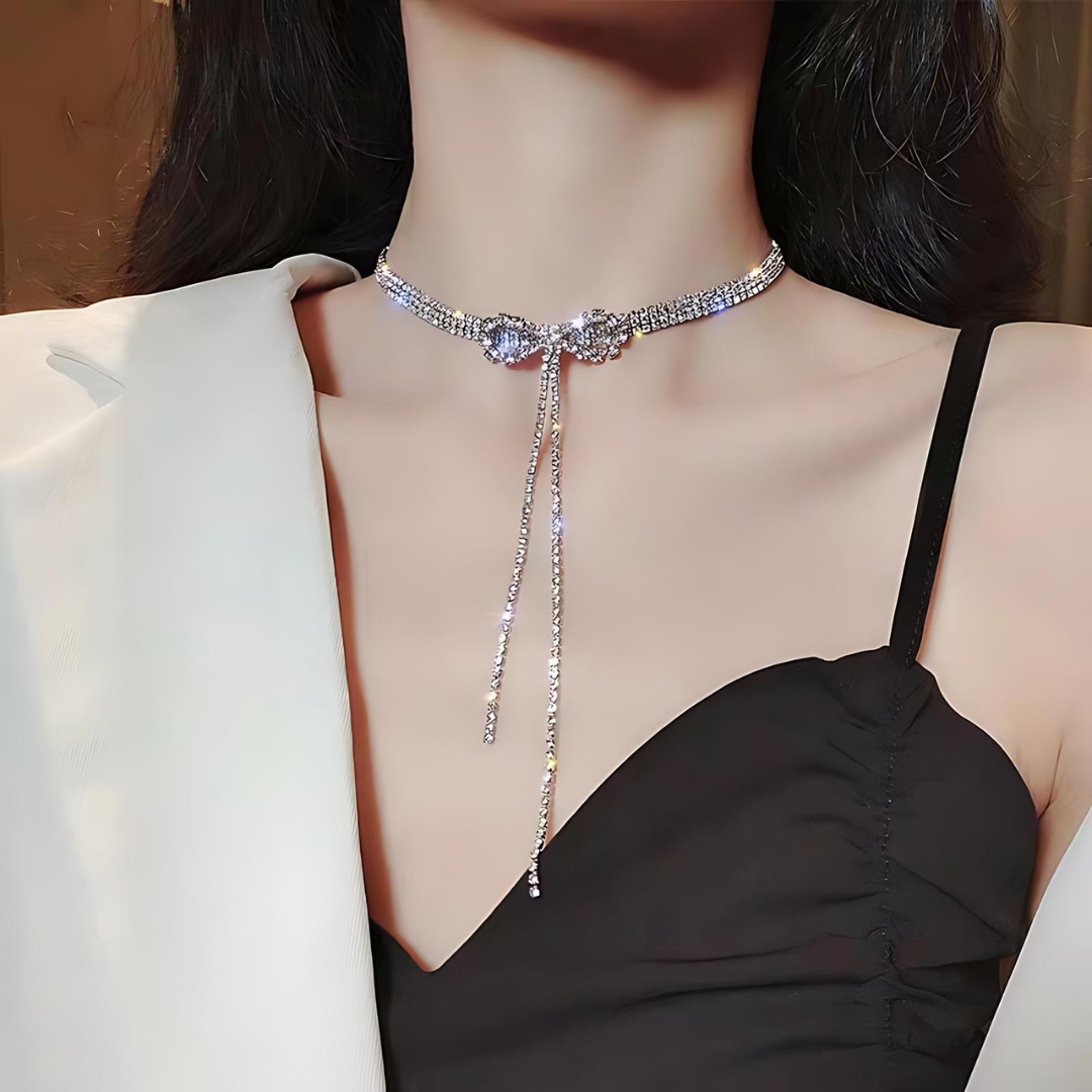 Sparkly Rhinestone Ribbon Choker Necklace for Women | Elegant Y Necklace with Crystals | Perfect for Parties, Weddings & Evening Events | HN537
