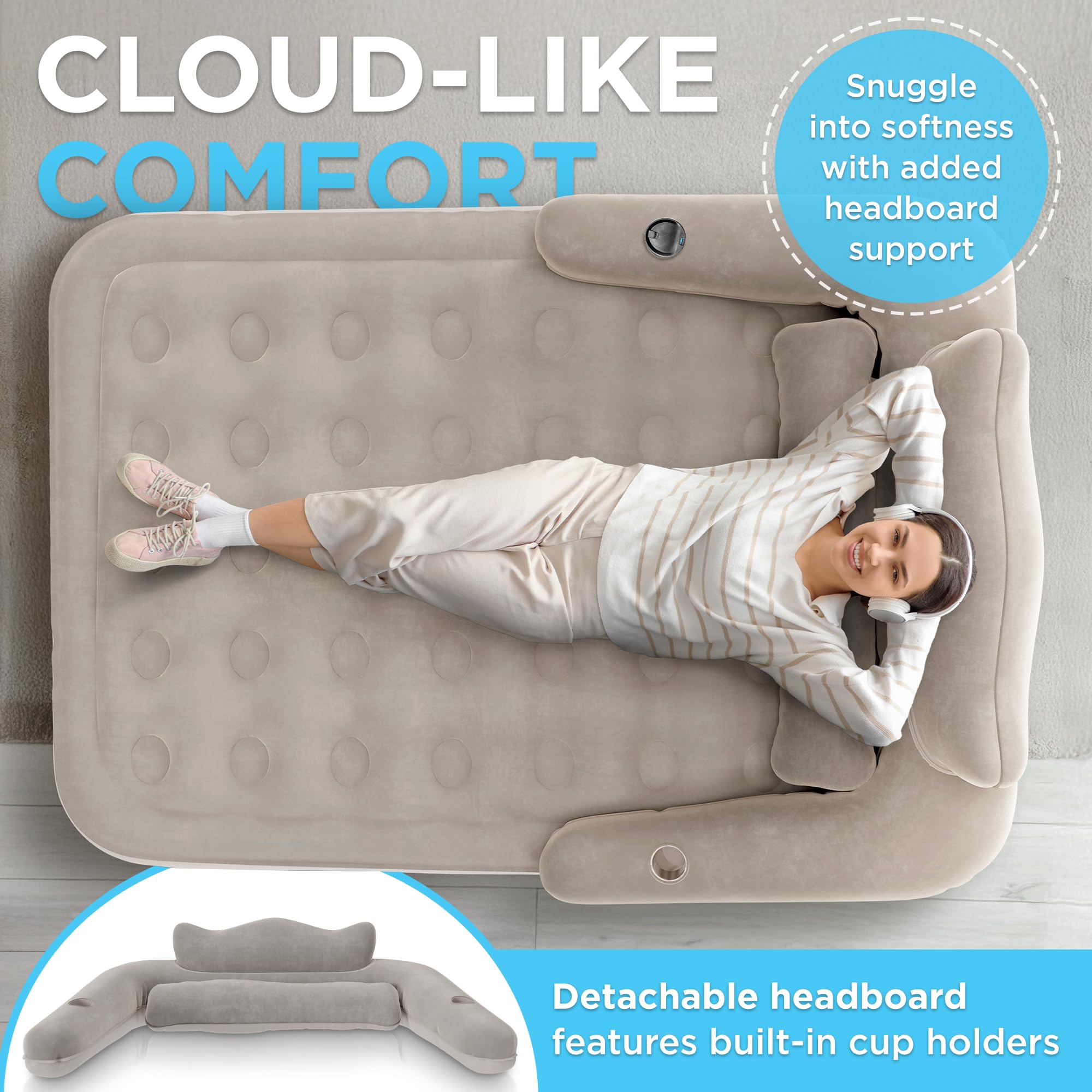 Queen Size Air Mattress with Built-in Pump & Headboard - Thick Inflatable Mattress for Home, Camping & Guests - Includes Carry Bag - Perfect for Spare Bed, Sleepovers & Outdoor Adventures