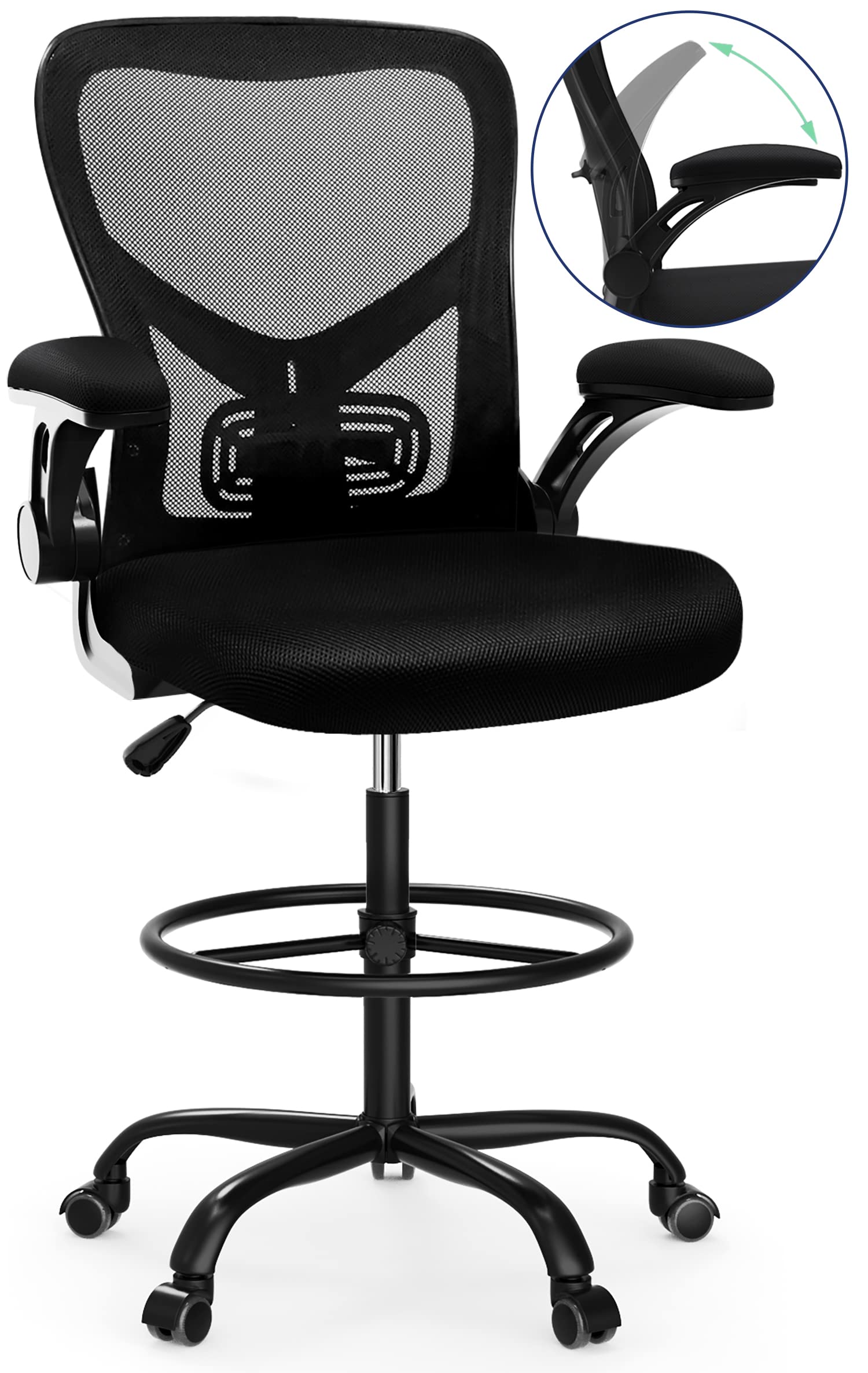 Ergonomic Drafting Chair - Adjustable Height Tall Office Chair with Flip-Up Armrests & Footrest, Mesh Mid-Back Computer Task Chair for Standing Desks - Perfect for Artists, Architects & Long Work Sessions (Black)