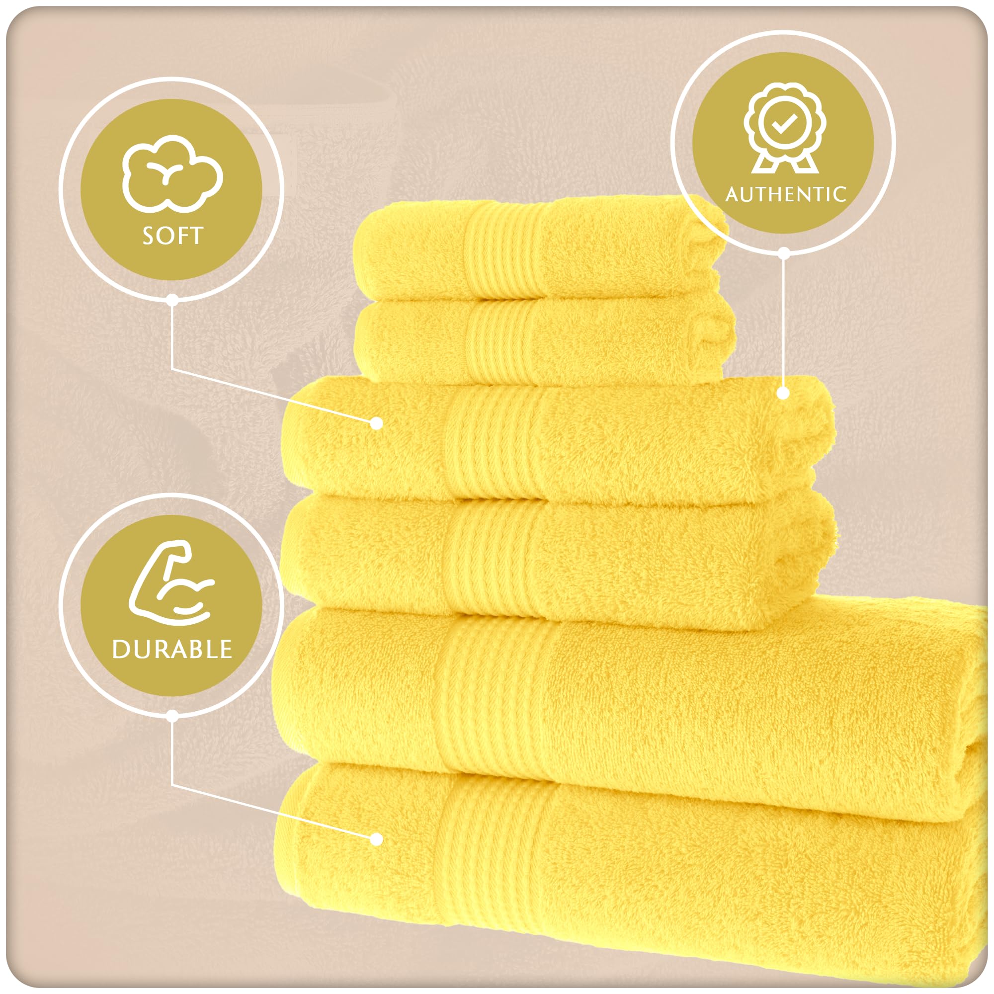 MAURA 6-Piece Bath Towel Set - 2 Bath Towels, 2 Hand Towels & 2 Washcloths | Soft, Absorbent & Durable Cotton Towels with Hanging Loops | Perfect for Bathroom, Spa, Gym & Beach (Yellow)